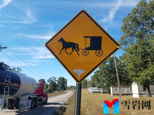 Yellow road sign warning drivers a<em></em>bout Amish buggies on Shafer Road near Licking, Missouri