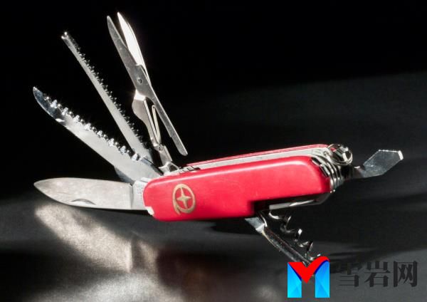 Red Victorinox-style pocket knife from 1998, showing 11 various tools including blade, saws, screwdrivers, scissors, corkscrew, file, tin opener, and removable tweezers and toothpick
