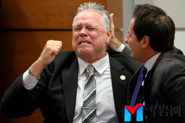 Scott Peterson, former sheriff’s deputy, reacts as he is found not guilty on all charges.