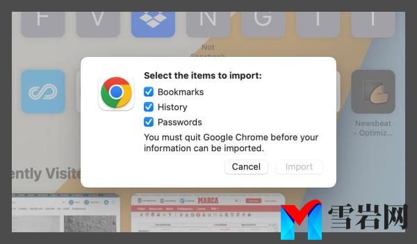 Chrome to Safari im<em></em>port selection menu