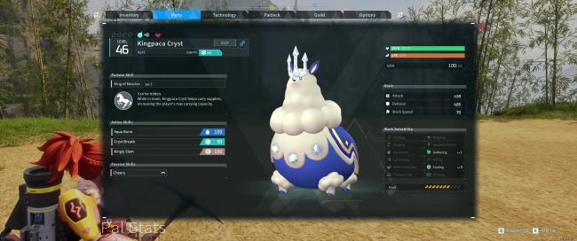 A picture of Palworld showing Alpha Boss Ice Kingpaca in the party.