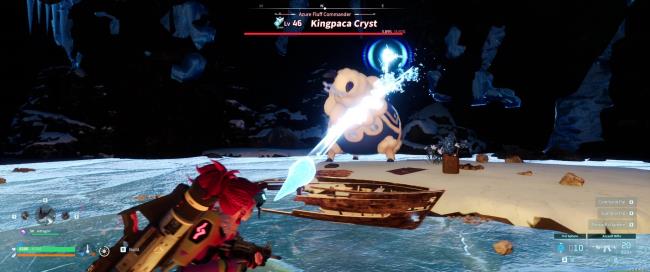 A picture of Palworld showing Alpha Boss Ice Kingpaca using Ice Missile.