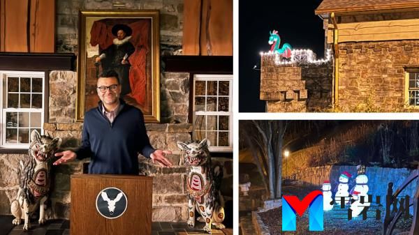 A collage of photos shows author Michael Edison Hayden posing at a dais, the exterior of the castle with an inflatable dragon and light up snowmen.