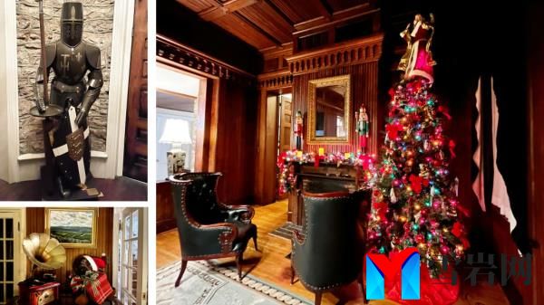 A collage of photos shows a suit of armor, a living room with a Chrismtas tree and a victrola inside the VDARE castle.