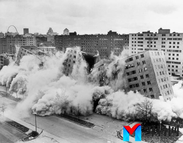 Dynamite brings down some of Pruitt-Igoe in April 1972 in St. Louis. Demolition of the 33-building complex had begun two mo<em></em>nths before.